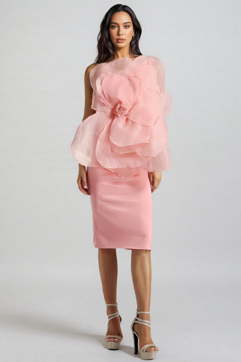 Alaya Slant Shoulder 3d Midi Dress-pink