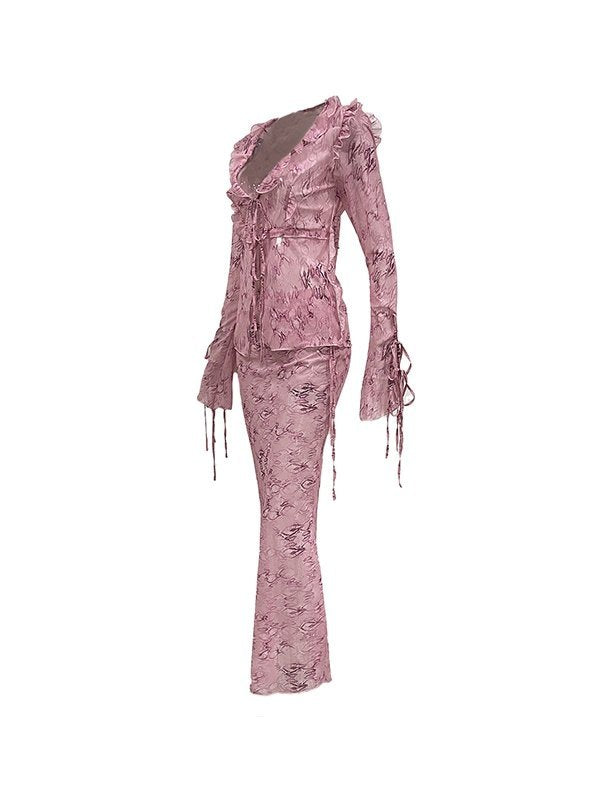 Pink Wood Ear Print Long Skirt Suit Two Pieces