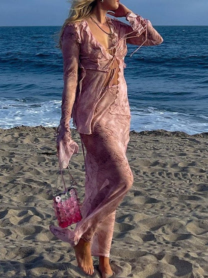 Pink Wood Ear Print Long Skirt Suit Two Pieces