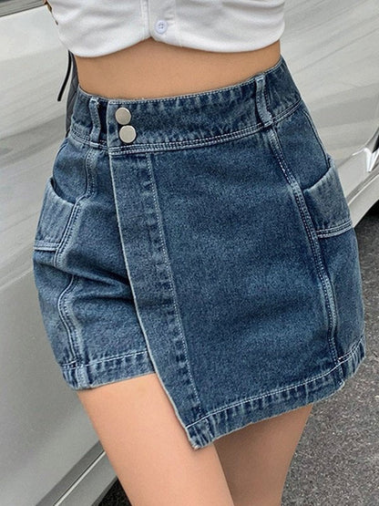 Blue Irregular High Waist Denim Shorts
