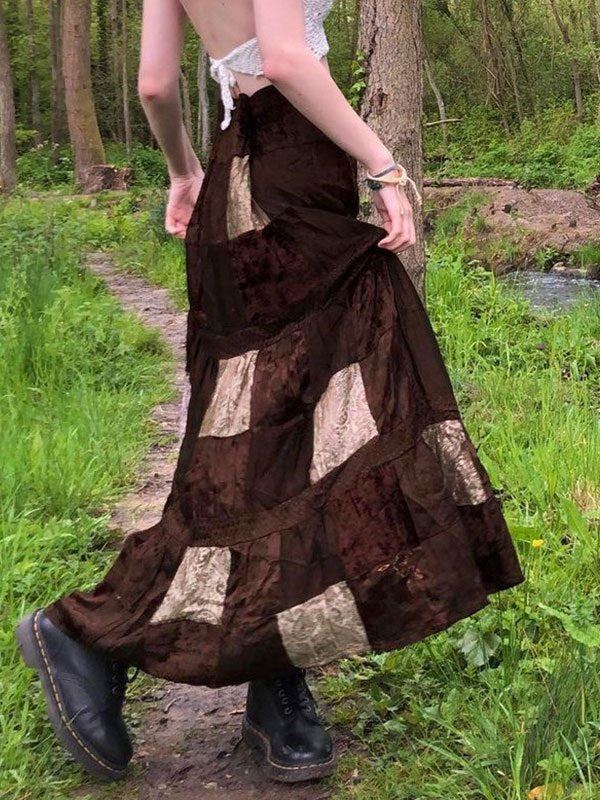 Brown Patchwork Velvet Printed Maxi Skirt