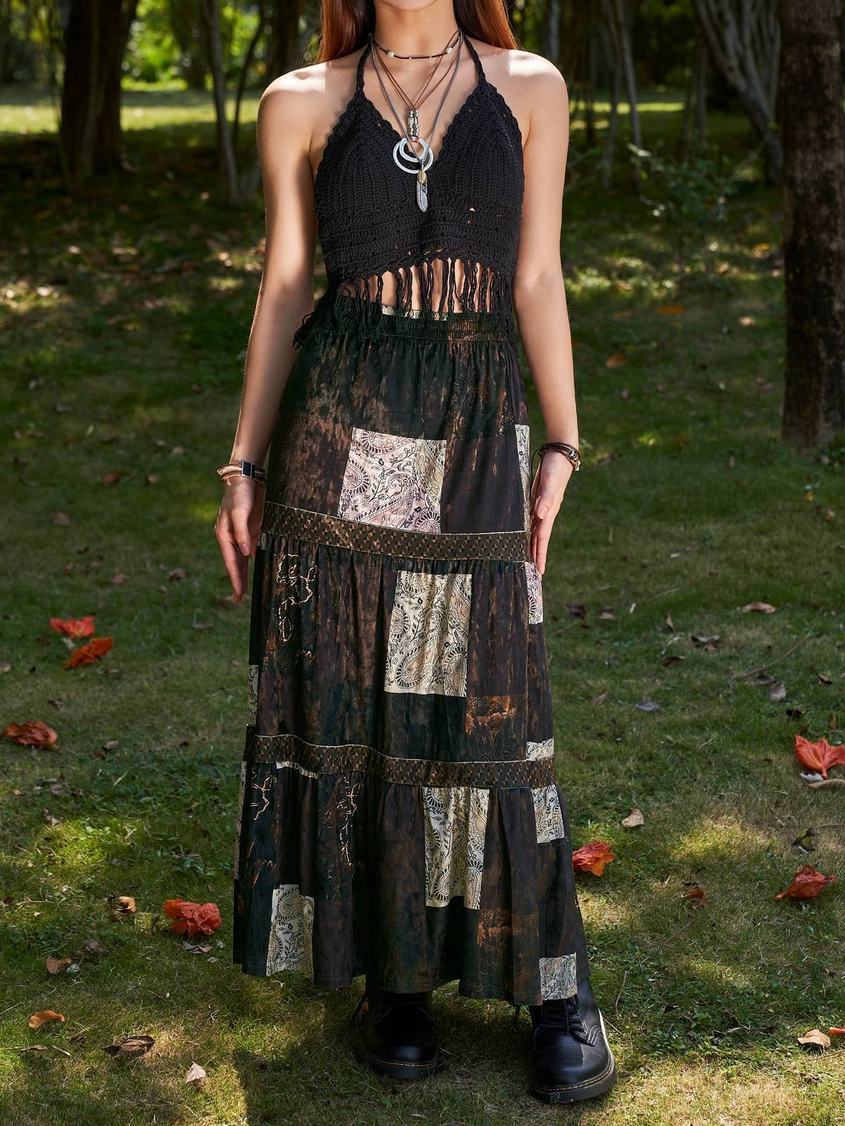 Brown Patchwork Velvet Printed Maxi Skirt