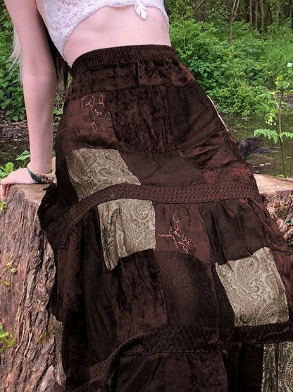 Brown Patchwork Velvet Printed Maxi Skirt