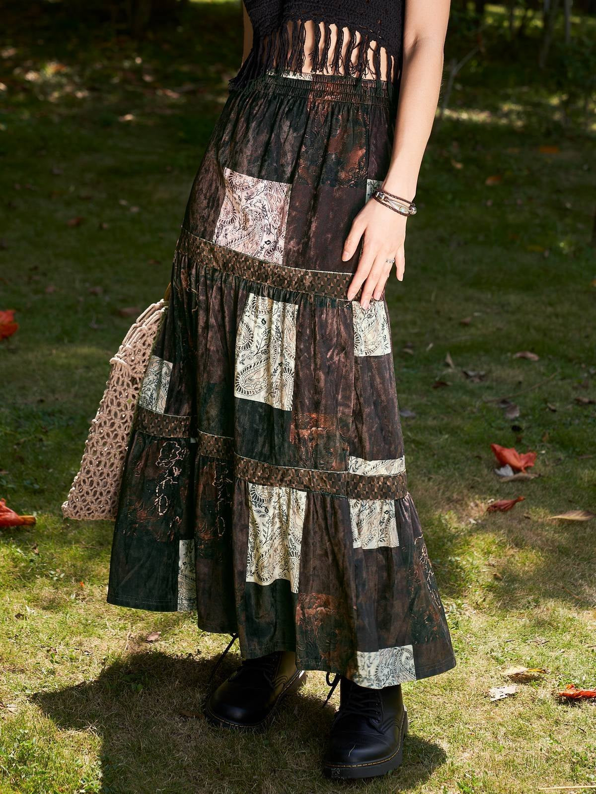 Brown Patchwork Velvet Printed Maxi Skirt