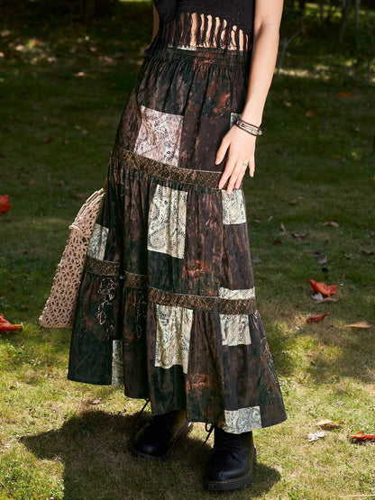 Brown Patchwork Velvet Printed Maxi Skirt