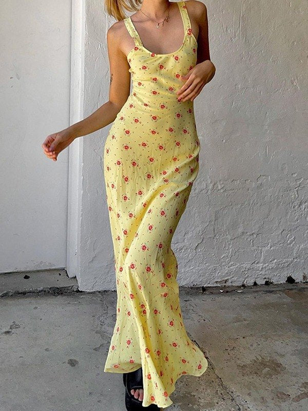 Yellow Sweet Summer Print Maxi Dress