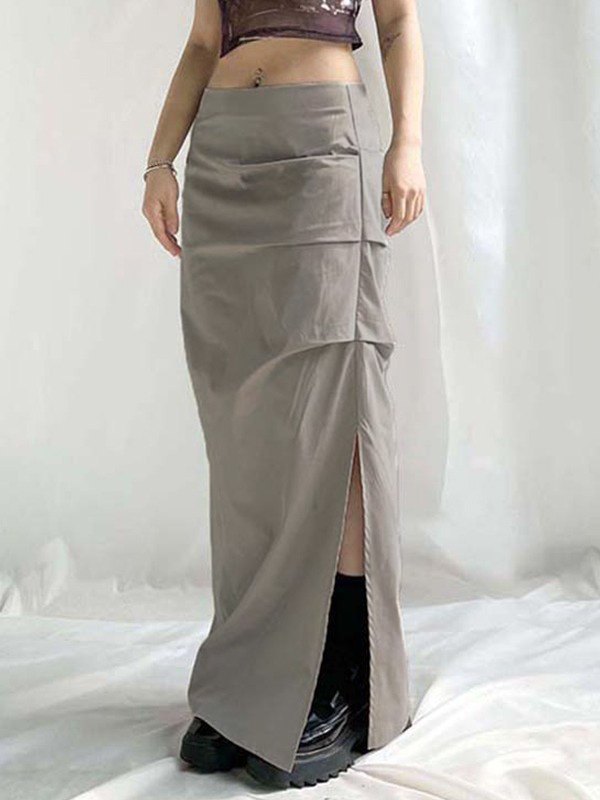 Grey Y2k Ruched Split Y2k Long Skirt