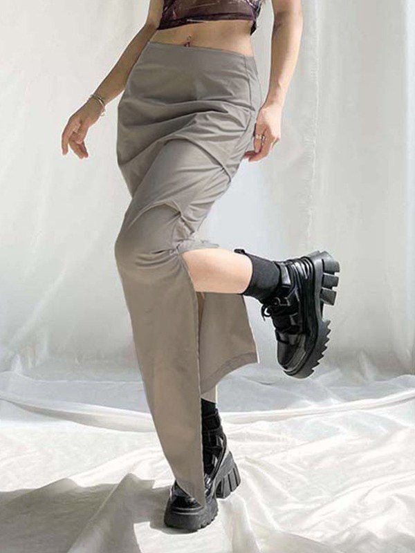 Grey Y2k Ruched Split Y2k Long Skirt