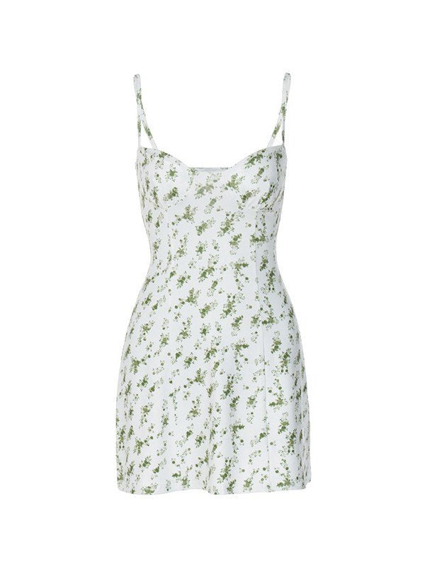 Green French Y2k Print Slim Mini Dress