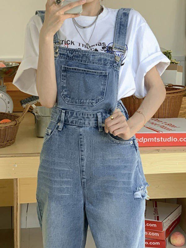 Blue Washed Denim Overalls With Distressed Detailing