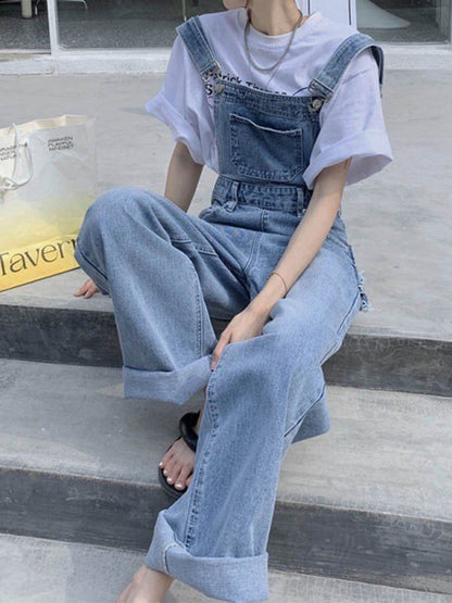 Blue Washed Denim Overalls With Distressed Detailing