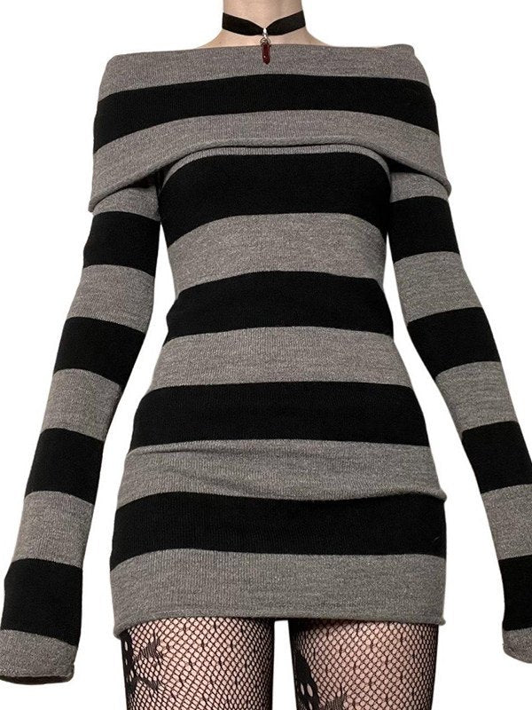 Striped Off-the-shoulder Long Sleeve Knit Mini Dress