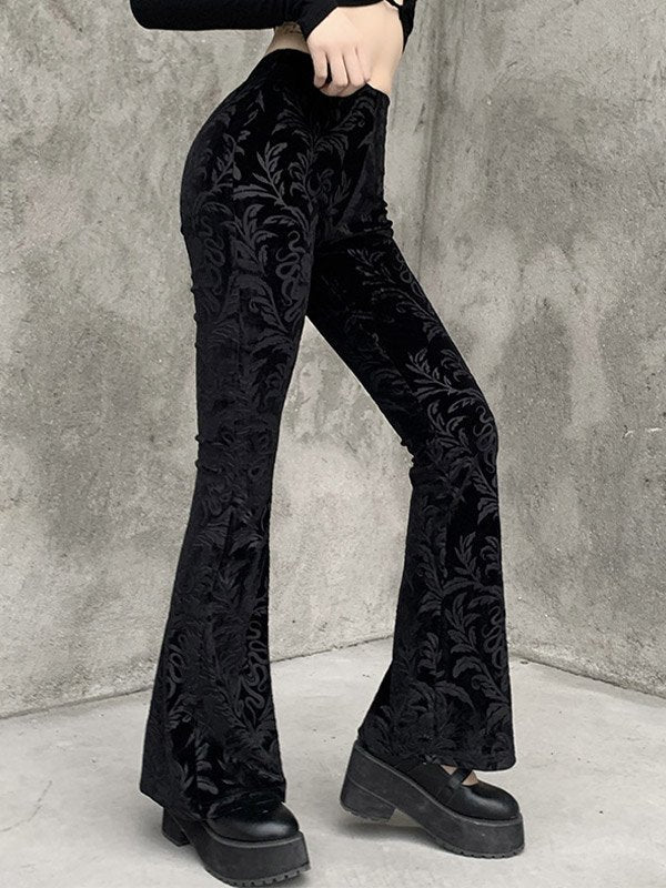 Black Embossed Velour Flare Pants
