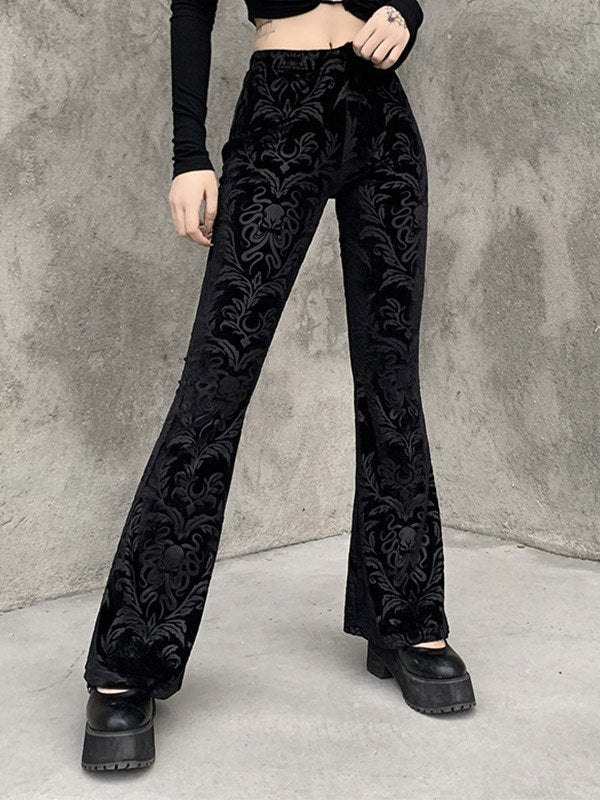 Black Embossed Velour Flare Pants