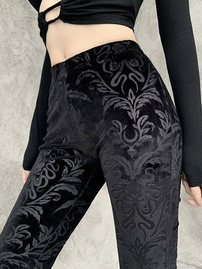 Black Embossed Velour Flare Pants