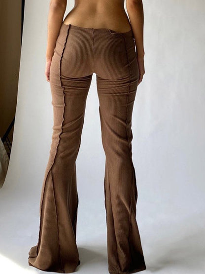 Brown Flare Leg Pants With Stitched Detail
