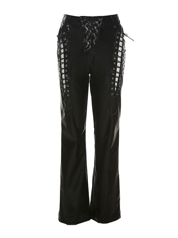 Black Pu Leather Pants With Cutout Detail
