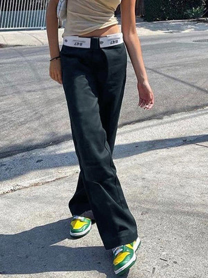 Dark Blue Straight Leg Pants With Foldable Waist Design