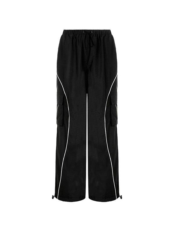 Black Parachute Pants With Cargo Pockets and Piping Detail