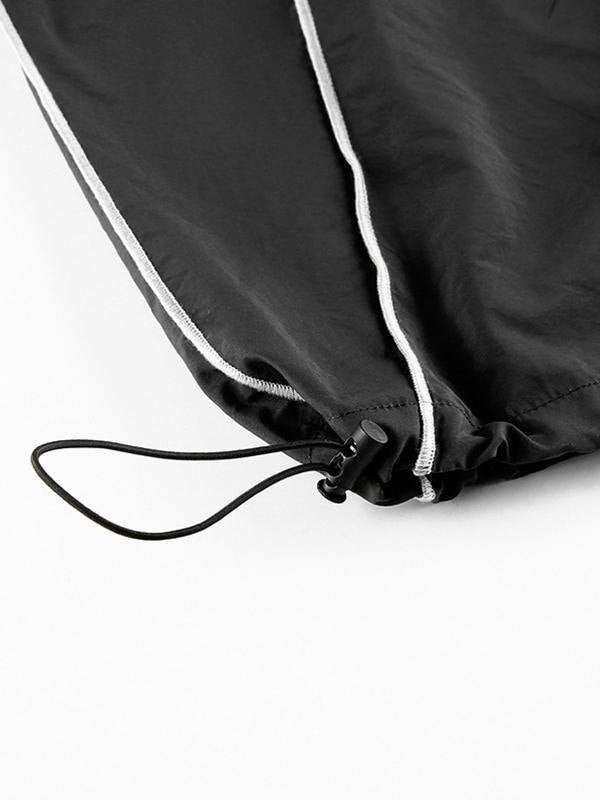 Black Parachute Pants With Cargo Pockets and Piping Detail