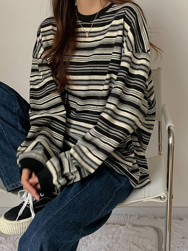 Round Neck Oversized Sweater With Stripes