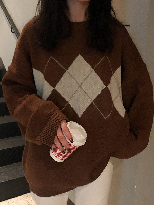Brown Argyle Basic Sweater