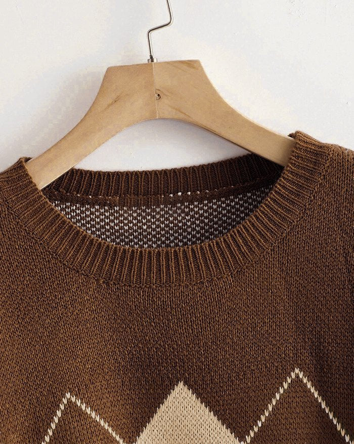 Brown Argyle Basic Sweater