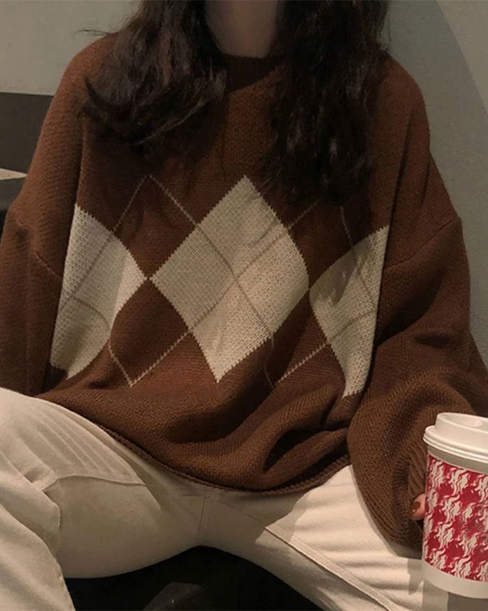 Brown Argyle Basic Sweater