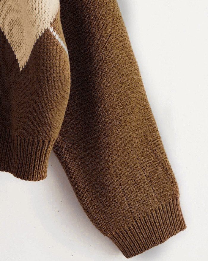 Brown Argyle Basic Sweater