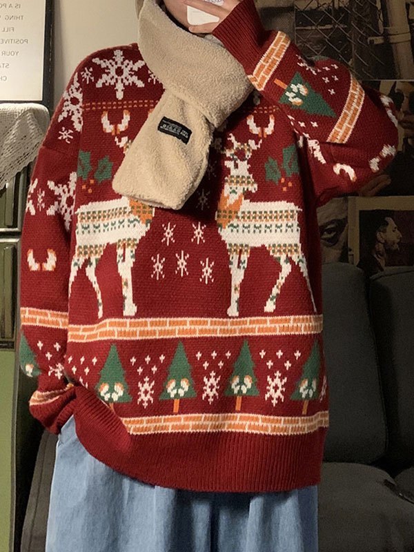 Crew Neck Sweater With Christmas Deer Print