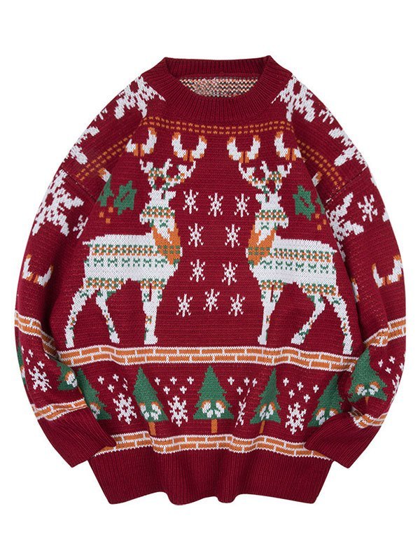 Crew Neck Sweater With Christmas Deer Print