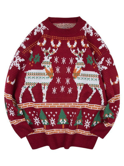 Oversize Christmas Sweater With Crew Neck and Deer Pattern