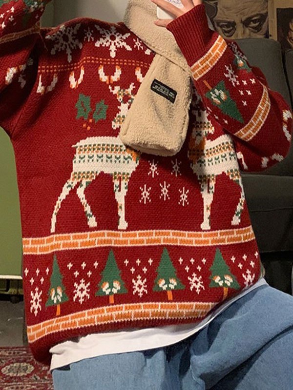 Crew Neck Sweater With Christmas Deer Print