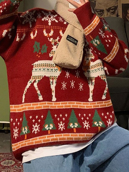 Crew Neck Sweater With Christmas Deer Print