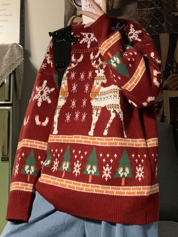 Crew Neck Sweater With Christmas Deer Print