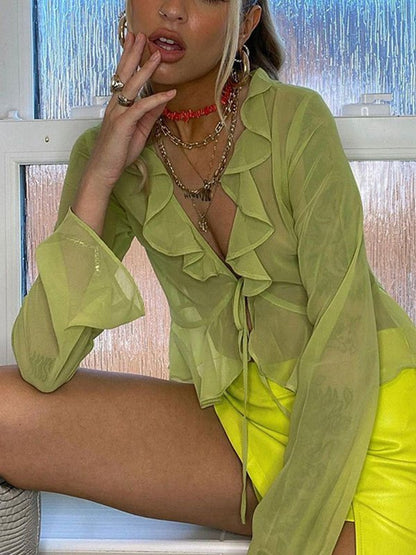 Green Sheer Mesh Long Sleeve Crop Blouse With Ruffle
