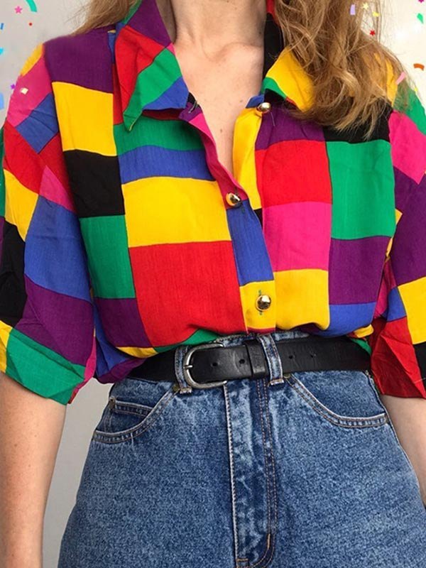 Rainbow Checkered Button Down Short Sleeve Blouse
