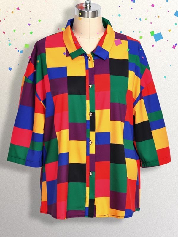 Rainbow Checkered Button Down Short Sleeve Blouse