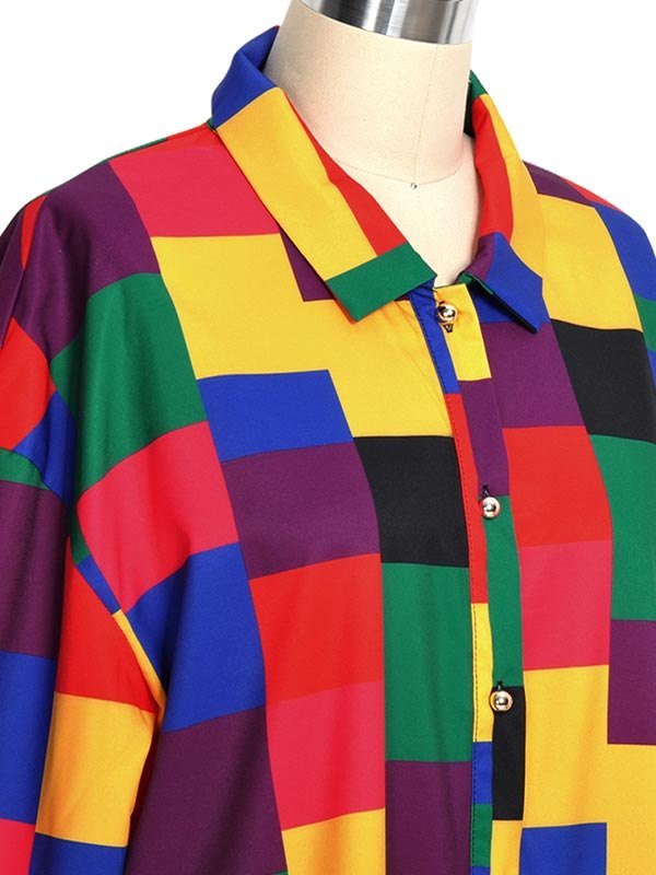 Rainbow Checkered Button Down Short Sleeve Blouse