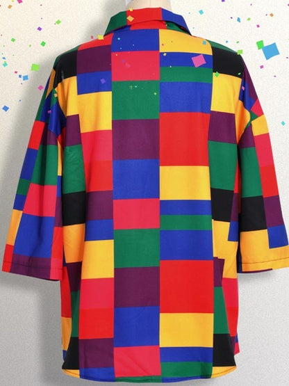Rainbow Checkered Button Down Short Sleeve Blouse
