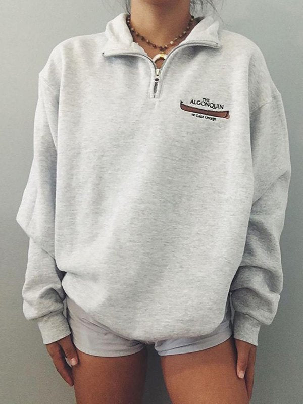 Grey Retro Sport Zip-up Sweatshirt With Printed Slogan