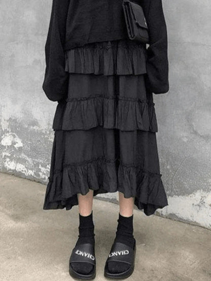 Color Irregular Tiered Midi Skirt