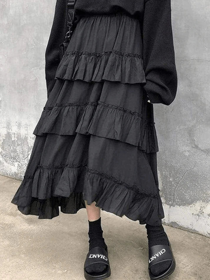 Color Irregular Tiered Midi Skirt