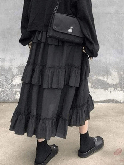 Color Irregular Tiered Midi Skirt