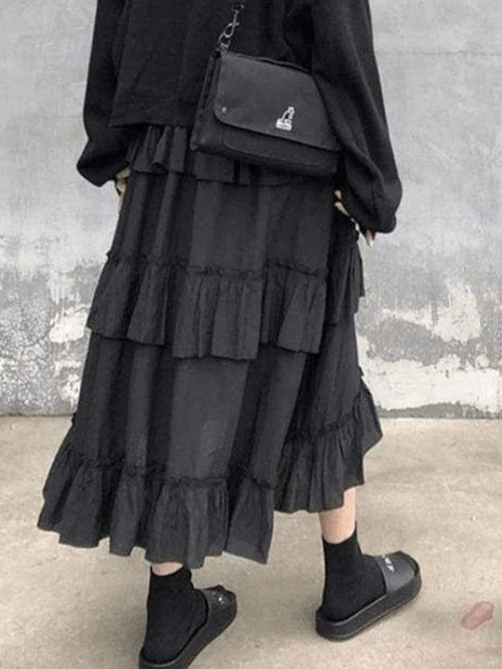 Color Irregular Tiered Midi Skirt
