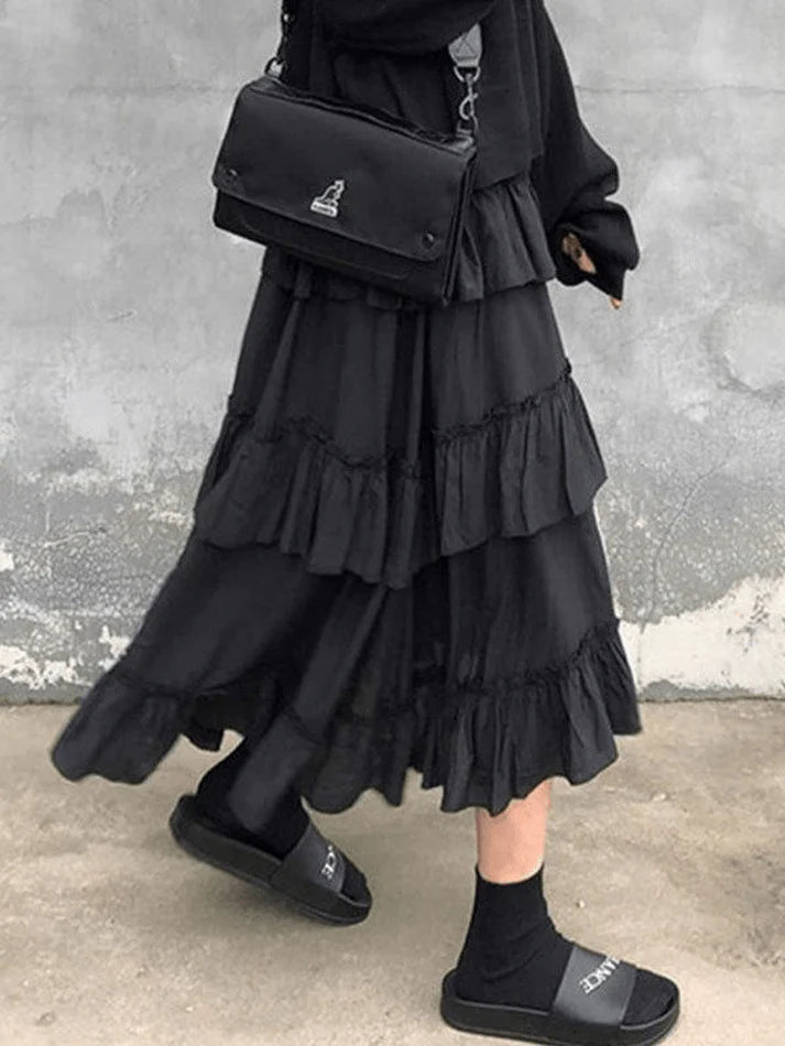 Color Irregular Tiered Midi Skirt