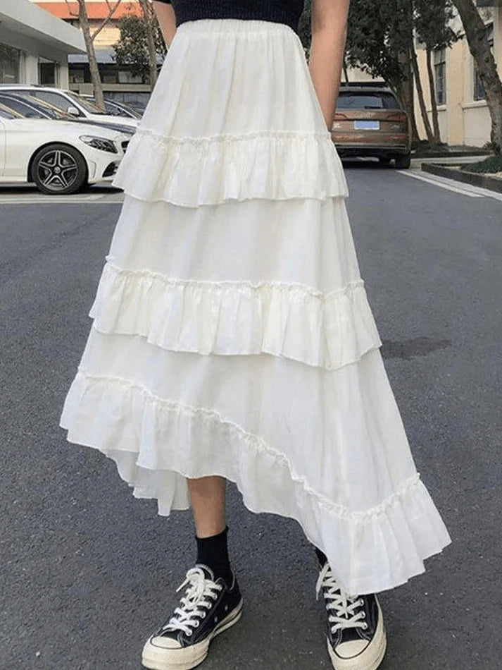 Color Irregular Tiered Midi Skirt