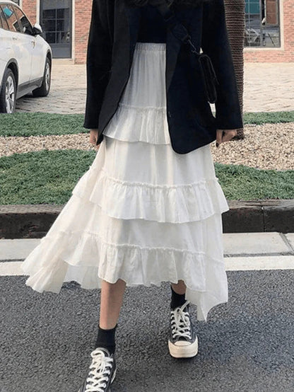 Color Irregular Tiered Midi Skirt