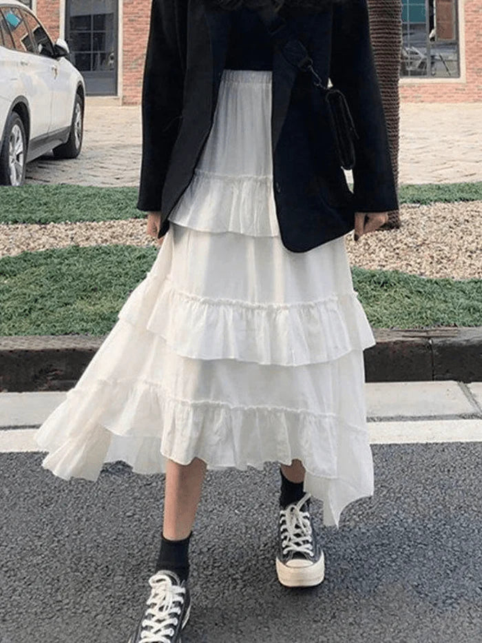 Color Irregular Tiered Midi Skirt