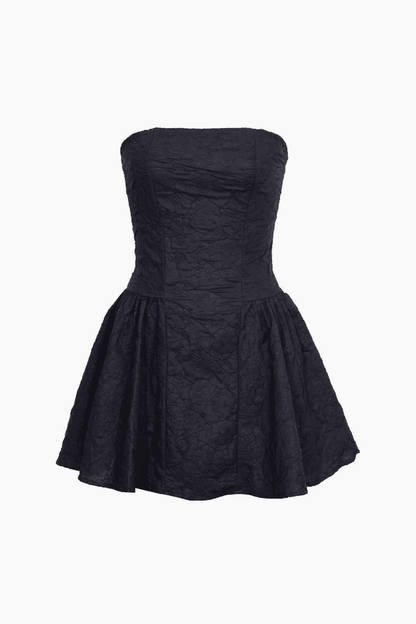 Black Jacquard Fitted Ruffle Hem Strapless Mini Dress